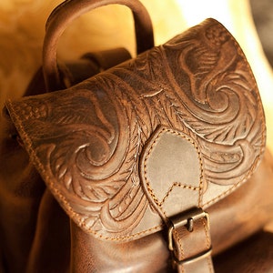 Western leather backpack for women, Tooled leather rucksack, Timeless leather accessories image 4