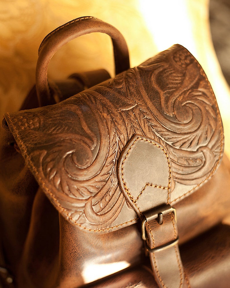 Western leather backpack for women, Tooled leather rucksack, Timeless leather accessories image 4