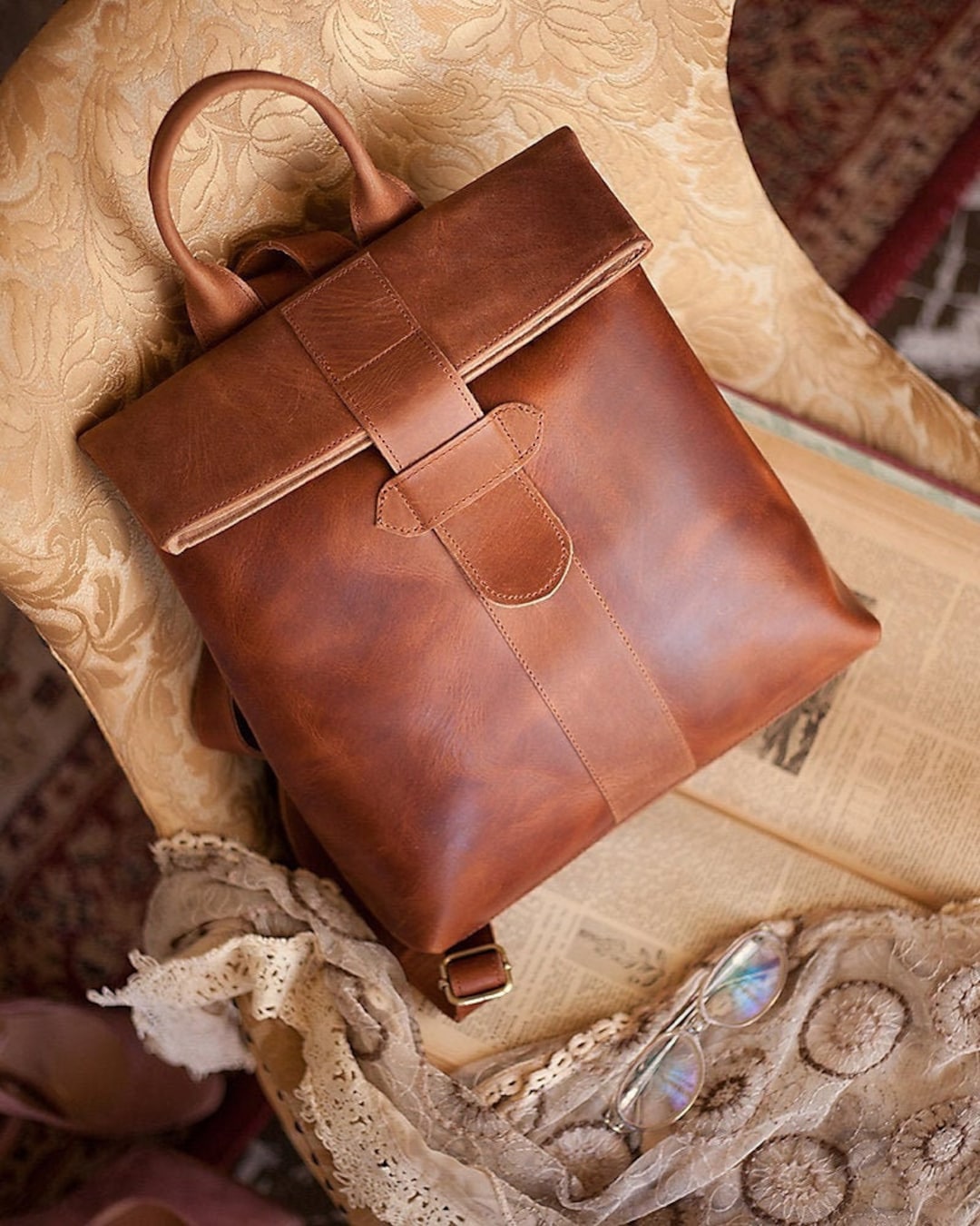 Brown Leather Backpack Women Roll Top Leather Backpack Sac à Etsy