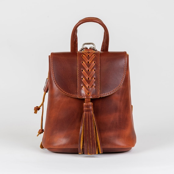 Mini Leather Backpack Purse: Handmade Brown Rucksack with Tassel