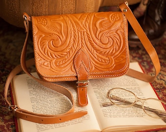 Tooled leather crossbody purse, Women's hand tooled leather bag, Vintage leather bag for women, Leather accessories