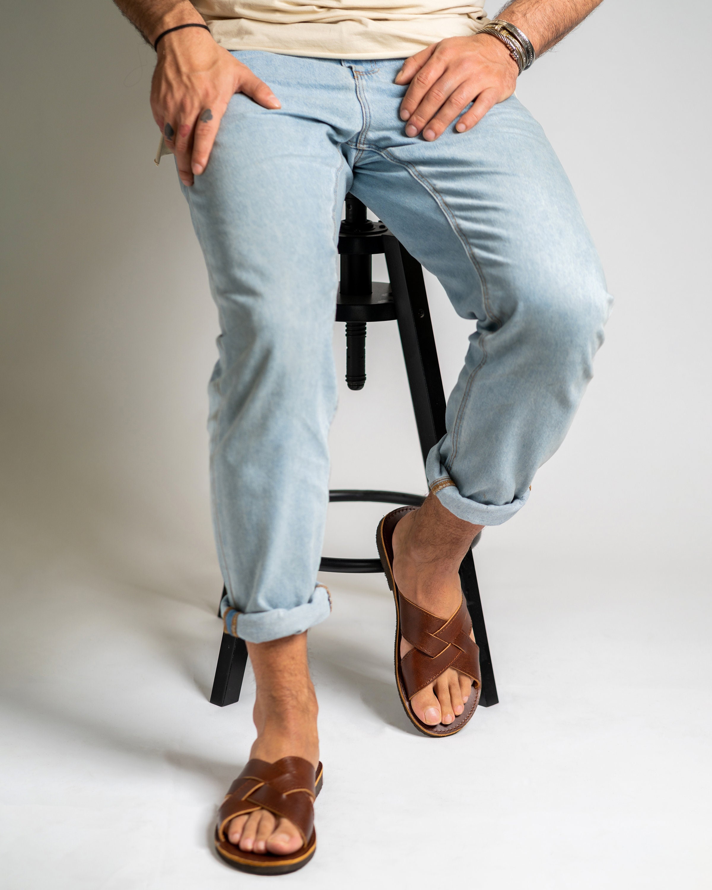 Mens leather slides, Minimalist leather sandals, Criss cross leather slippers, Greek leather sandals