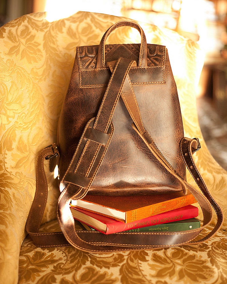 Western leather backpack for women, Tooled leather rucksack, Timeless leather accessories image 5