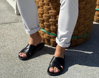 Black Leather Criss Cross Sandals: Handmade Greek Style
