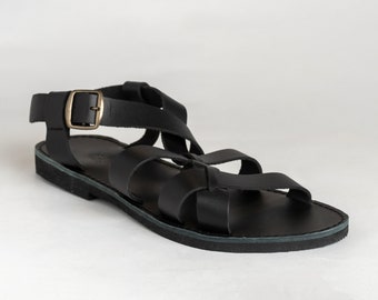 Greek Leather Sling Back Sandals: Handmade Black Roman Strappy Sandals