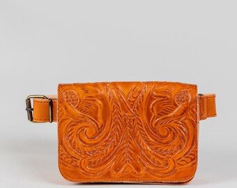 Tooled leather belt bag for women, Western leather fanny pack, Waist purse leather, Calf leather bag