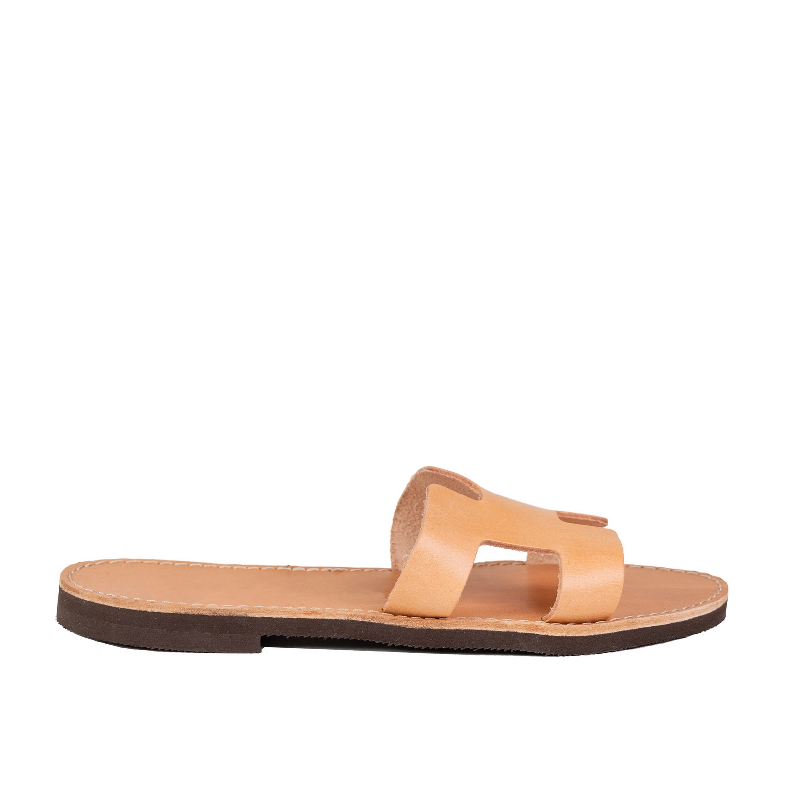 greece cognac leather slide sandals