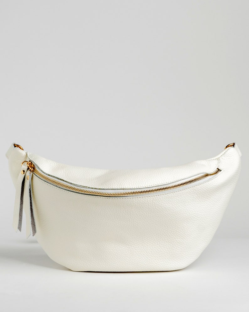 White Large Leather Fanny Pack, Oversized leather bag, Leather Bum Bag, Women leather Sling Bag image 3