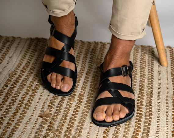 Handmade Black Leather Slingback Sandals: Greek Style