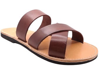 Sandalias de piel griega con tiras cruzadas para hombre: chanclas de piel de becerro