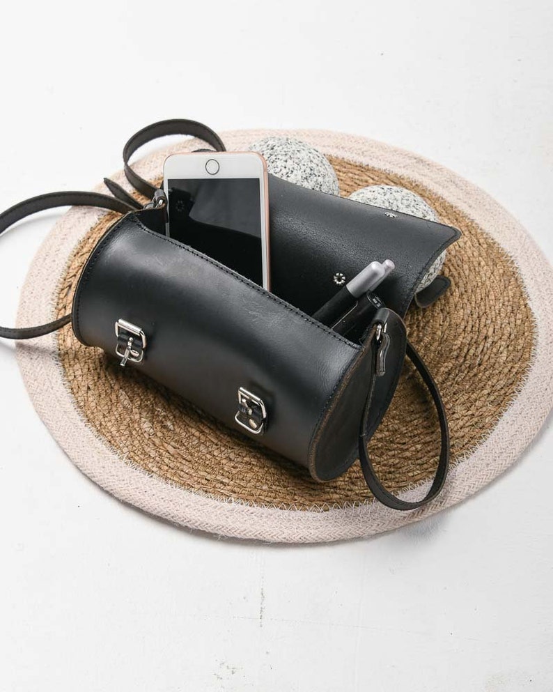 Black leather cylinder mini purse for women, Small barrel bag leather, Crossbody leather purse image 3