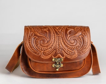 Handmade Leather Crossbody Bag Honey Brown | Embossed Floral Pattern Shoulder Purse with Vintage Brass Clasp | Genuine Greek Leather