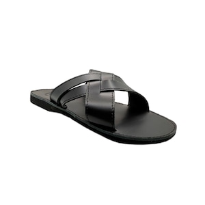 Handmade Brown Leather Sandals for Men – Greek Cross Slide Sandals, Genuine Leather Summer Shoes, Comfortable Flat Slip On Black
