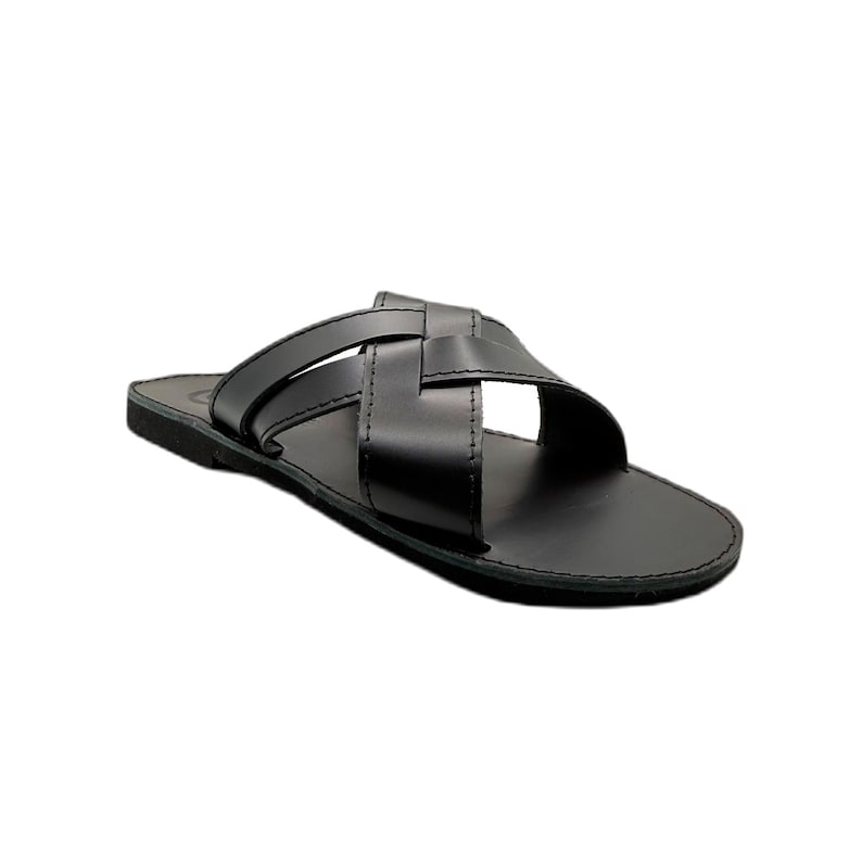 Handmade Brown Leather Sandals for Men – Greek Cross Slide Sandals, Genuine Leather Summer Shoes, Comfortable Flat Slip On Black