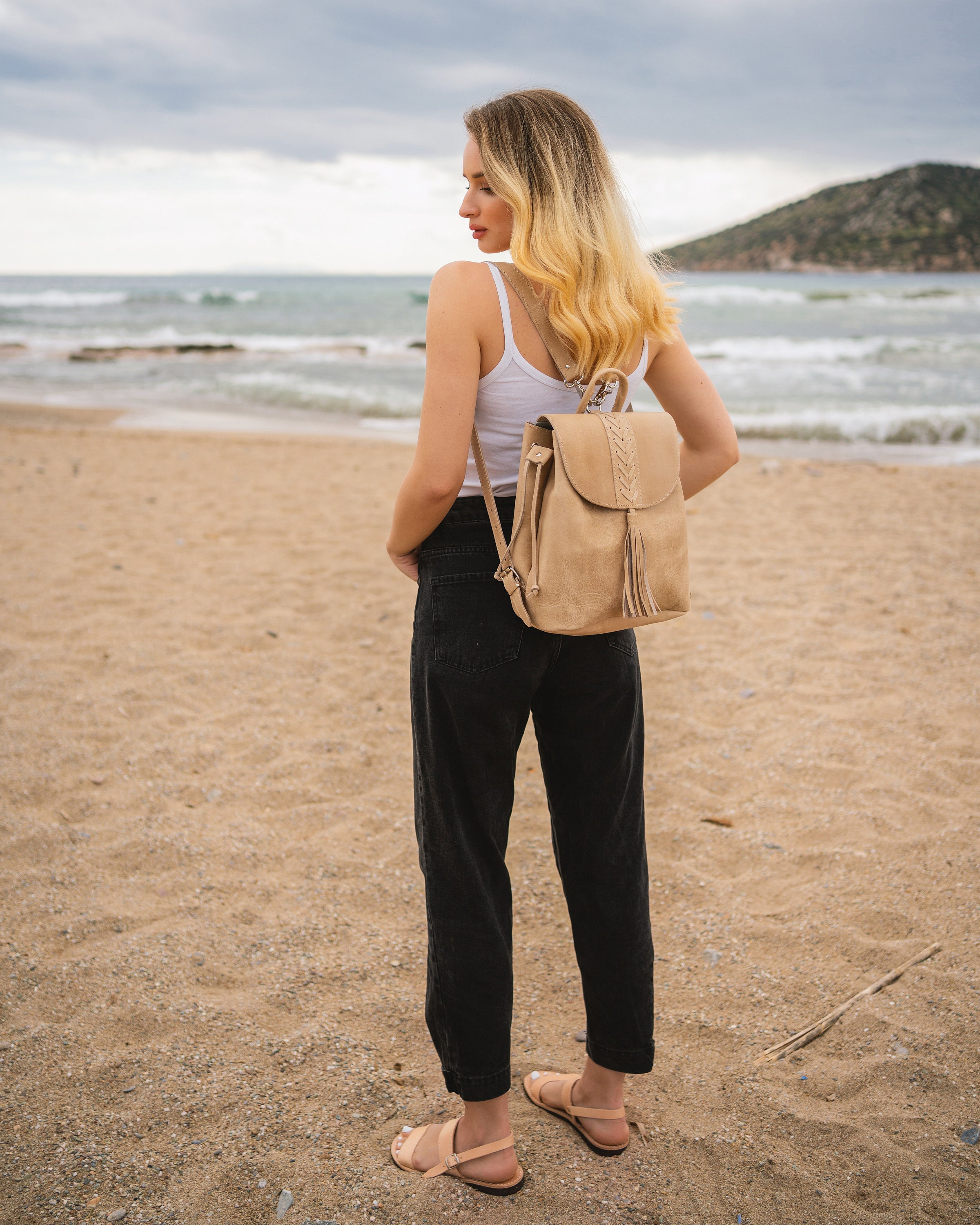 Handmade Full Grain Leather Backpack Purse: Boho Brown 