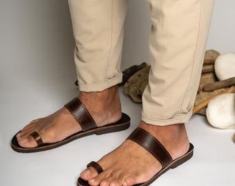 Handmade Brown Leather Toe Ring Sandals - Grecian Style