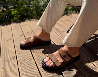Handmade Leather Sandals: Men's Brown Walking Slides with Arch Support