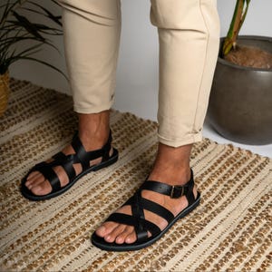 Zwarte leren sandalen met bandjes voor heren, stijlvolle platte leren sandalen, Sandalias hombre, Sandalen herren, Sandales homme