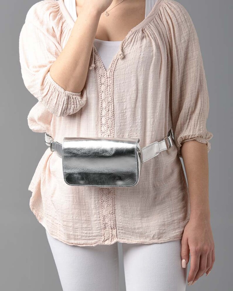 Full grain calf leather belt bag, Vegetable tanned leather waist bag, Leather accessories for women Silver