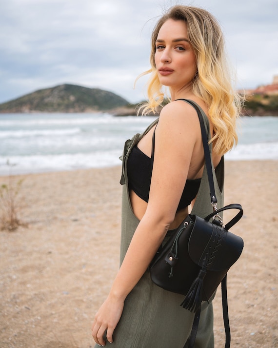 boho mini backpack purse Full Grain Leather Mini Backpack Purse: Boho Black Backpack