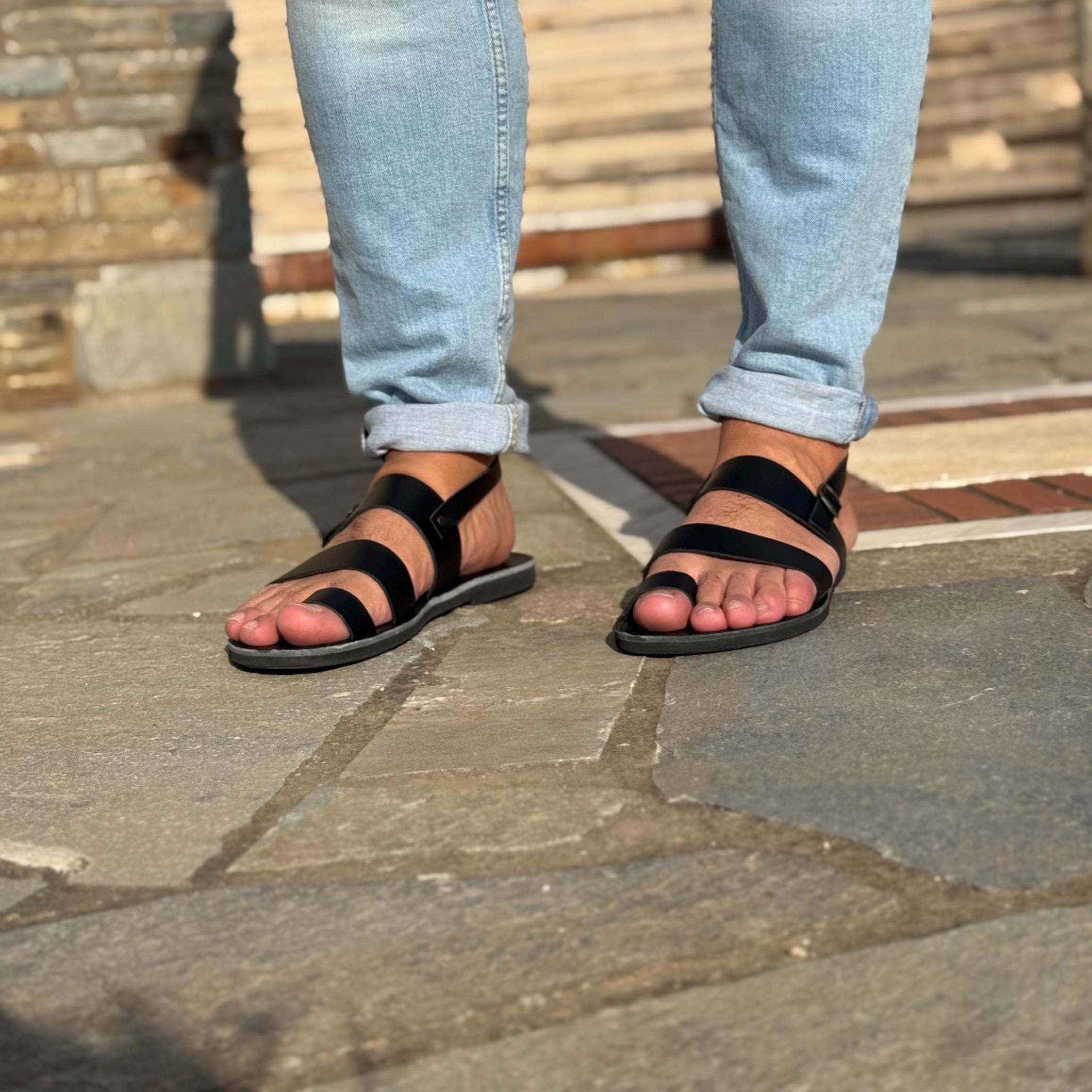 Greek Leather Sandals Men: Brown Toe Ring Ankle Strap Sandal 