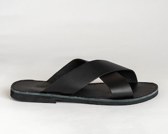 Black Leather Criss Cross Sandals: Handmade Greek Slides