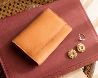 Cartera tríptica para mujer con bolsa de monedas, billetera de cuero pequeña de camello