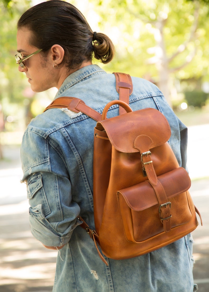 Full grain leather backpack men, Minimalist leather satchel backpack, Large leather travel backpack image 2