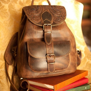 Western leather backpack for women, Tooled leather rucksack, Timeless leather accessories image 2