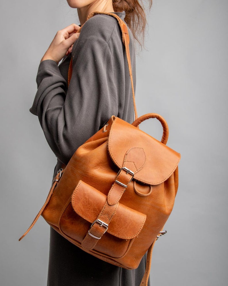 Western leather backpack for women, Tooled leather rucksack, Timeless leather accessories Camel