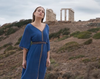 Cotton Kaftan Maxi Dress: Boho Tunic with Gold Details