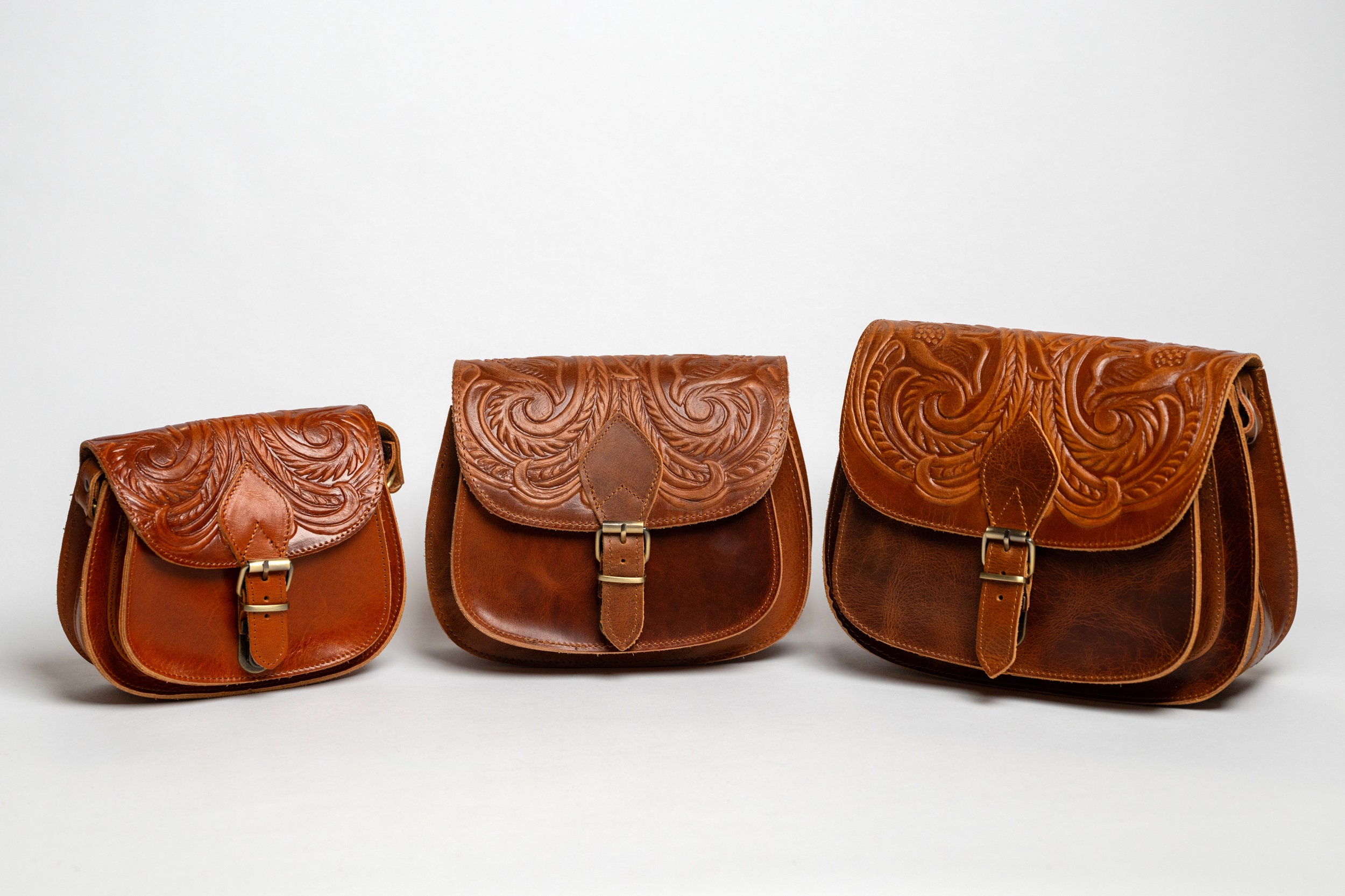 Crossbody Leather Bag, Leather Hand Tooled Saddle Purse, Tan