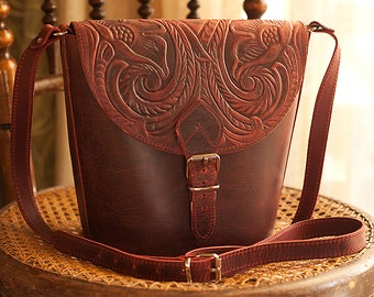 Leather saddle bag purse, Embossed leather crossbody bag, Tooled leather bag women