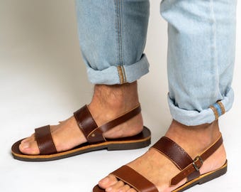 Leather sandals men, Brown slingback sandals, Greek handmade sandals, Vegetable tanned calf leather