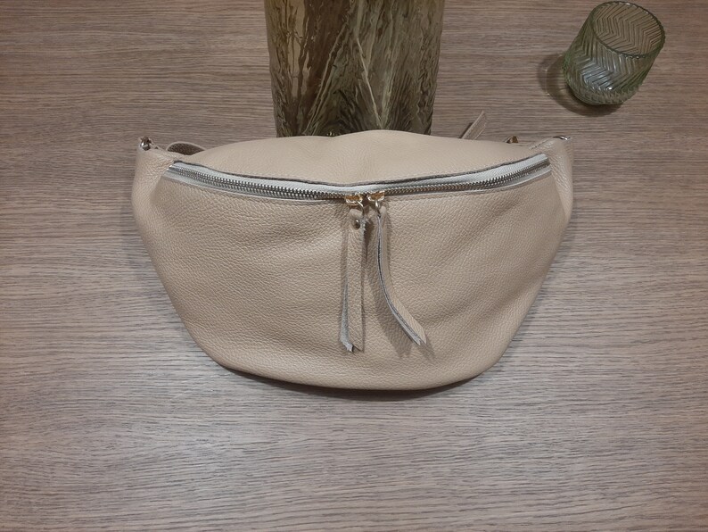 White Large Leather Fanny Pack, Oversized leather bag, Leather Bum Bag, Women leather Sling Bag Beige