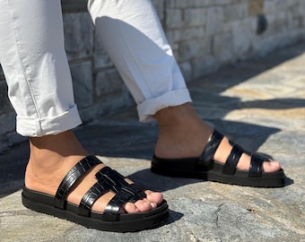 Men’s Black Croc Leather Sandals, Luxe Summer Slides, Designer Look, Handmade Statement Shoes