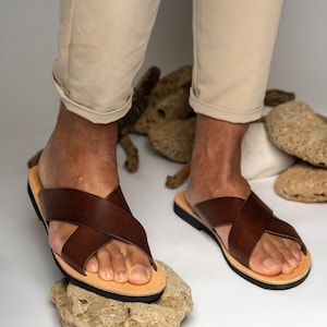 Greek leather sandals men, Brown leather slides, Minimalist leather sandals, Men Summer shoes