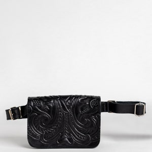 Tooled leather belt bag for women, Western leather fanny pack, Waist purse leather, Calf leather bag Black