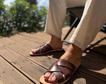 Men's Brown Leather Cross Strap Sandals: Minimalist Summer Slides