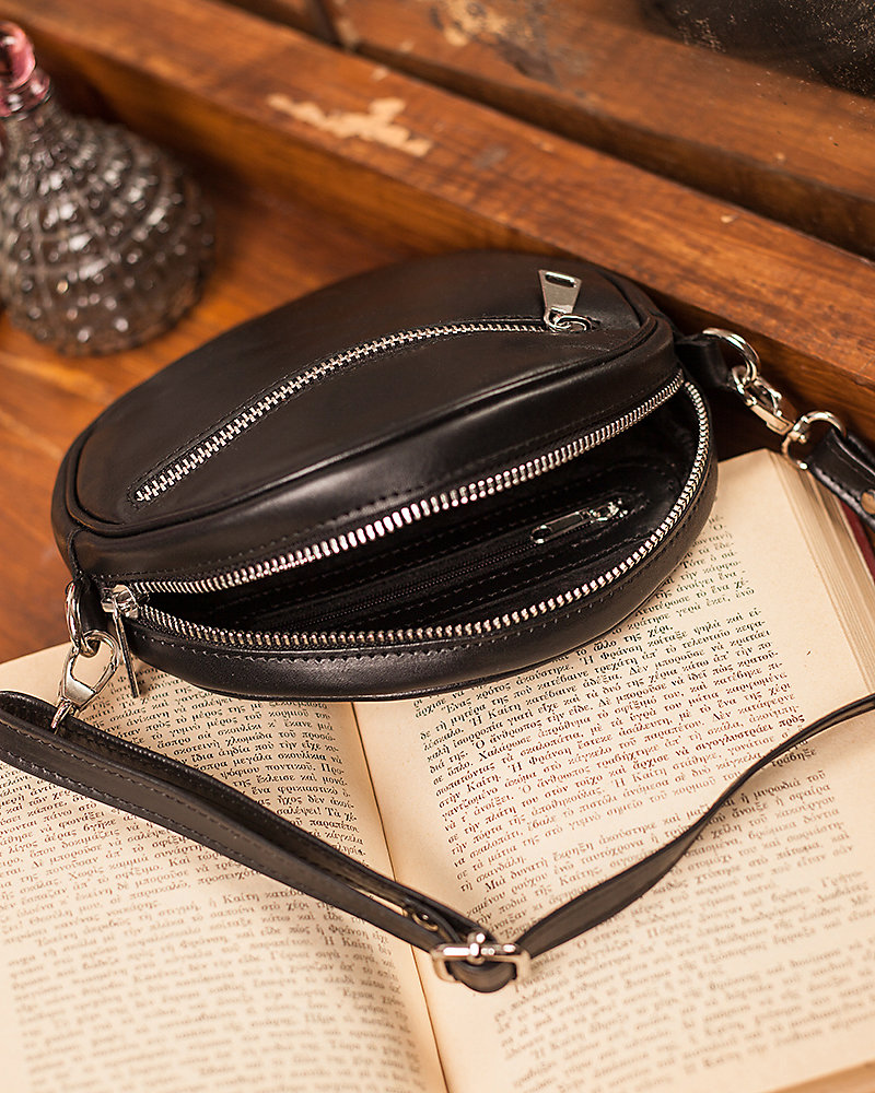 Black leather round purse leather circle bag for women sac Etsy