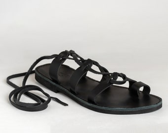 Sandalias de gladiador de cuero negro hechas a mano para hombre: estilo espartano romano con cordones