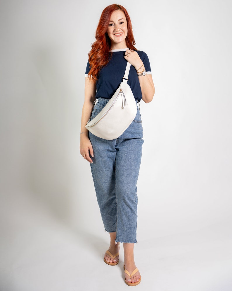 White Large Leather Fanny Pack, Oversized leather bag, Leather Bum Bag, Women leather Sling Bag White