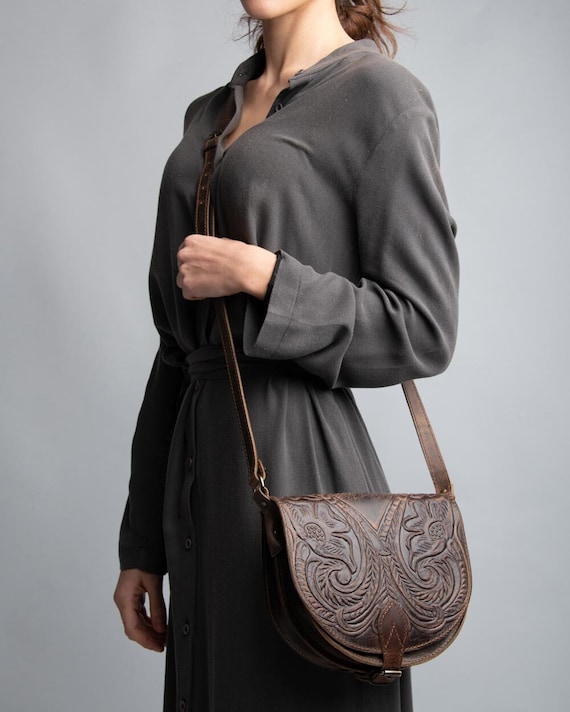 Τooled leather crossbody bag for women, Western saddle purse, Tooled leather handbags