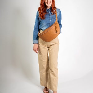 White Large Leather Fanny Pack, Oversized leather bag, Leather Bum Bag, Women leather Sling Bag Brown