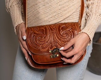 Genuine Leather Crossbody Bag Honey Brown | Handmade Embossed Floral Shoulder Purse with Vintage Brass Lock | Artisan Greek Handbag