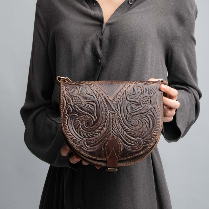 Leather crossbody bag pyrography rustic saddle leather bag Brown tooled
