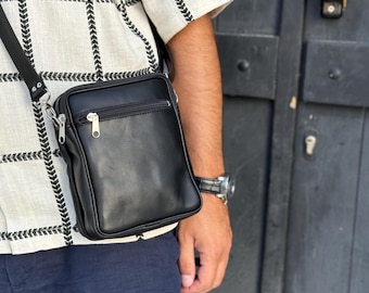 Black Leather Crossbody Bag for Men – Handmade Small Shoulder Bag with Zipper Pockets, Everyday Travel Messenger Bag