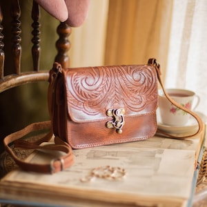 Small leather crossbody bags for women,  Full grain tooled leather bag, Embossed small leather bag, Hand Tooled Leather purse