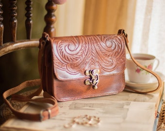 Small leather crossbody bags for women,  Full grain tooled leather bag, Embossed small leather bag, Hand Tooled Leather purse