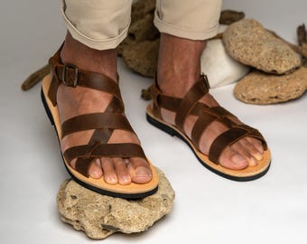 Sandalias de cuero marrón hechas a mano para hombre - Zapatos griegos de verano
